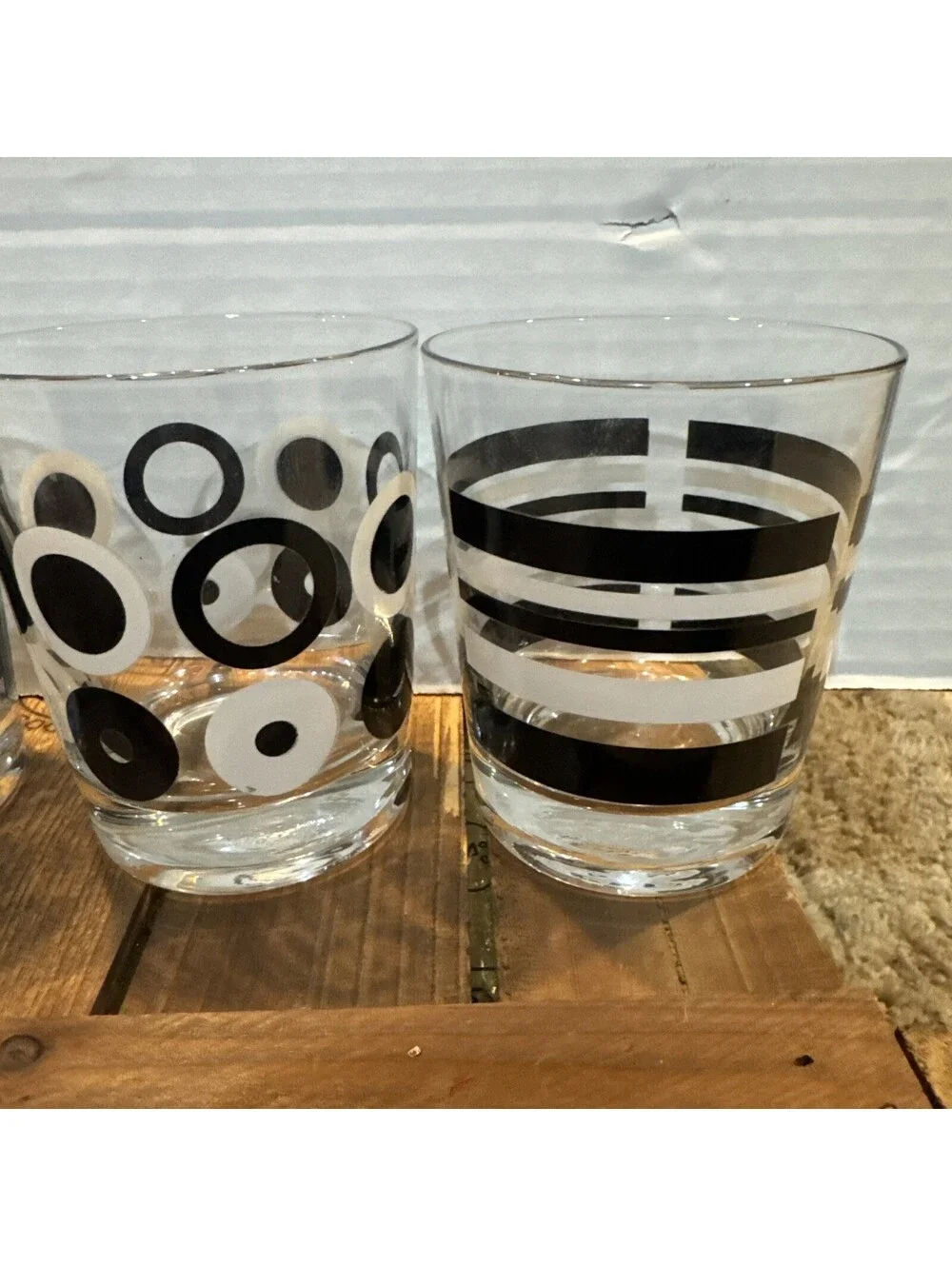 Retired Vtg Lot Set 4 Ikea Godis Black White Geometric MCM Lowball Drink Glasses